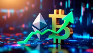 イーサリアムとビットコインのシンボルが並び、資金流入を示すグラフが描かれた画像。