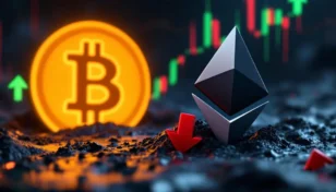 下落を示す赤い矢印とイーサリアムのロゴ、背景には上昇するビットコインのロゴが描かれた金融チャート