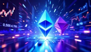 イーサリアムとソラナのロゴが対峙する未来的なイメージ
