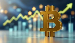 欧州連合の旗を背景に輝くビットコインのシンボルと金融チャート