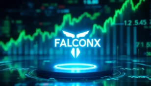 FalconXのロゴが浮かび上がる金融データ画面と、上昇するグラフ