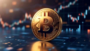 ドイツ国旗の色を背景にしたビットコインのシンボルと金融チャート