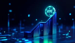 HyperliquidのHYPEトークンのロゴと上昇する金融チャートを示す未来的なインターフェース