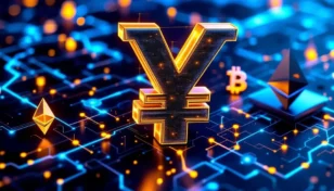 日本の金融規制と仮想通貨技術の融合を象徴するデジタルアート