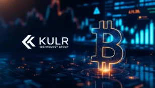 KULRテクノロジーグループのロゴとビットコインのシンボルが並ぶ未来的な金融インターフェース