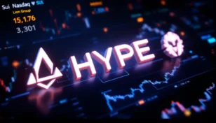ハイパーリキッド、ソラナ、スイのロゴが並び、背景にはナスダックの株価チャートが表示されている未来的な金融テクノロジーのイメージ