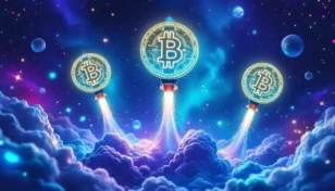 宇宙に向かって打ち上げられる未来的なミームコインのロケットとブロックチェーンネットワーク
