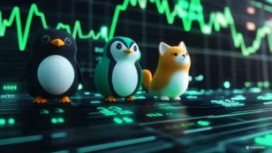 PENGU、BONK、POPCATのロゴが上昇する金融チャートの上に表示されている未来的なイメージ