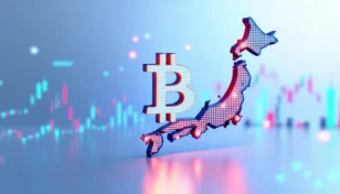 日本の国旗とビットコインのシンボルが融合した未来的なデザインの画像