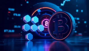 ポルカドットとビットコインのロゴが並び、財務の安定性を示す未来的な背景。