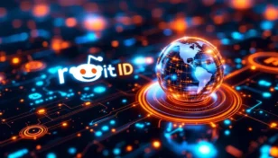 RedditのロゴとWorld IDの虹彩スキャン装置が並ぶ未来的なデジタル空間
