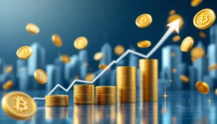 ビットコインと日本企業のオフィスビルを表現した投資イメージ