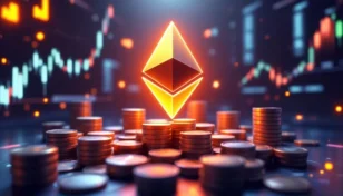 イーサリアムのロゴが輝き、デジタルな金融データに囲まれている未来的な画像