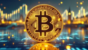 ロンドンの金融街を背景に輝くビットコインのシンボル。企業の暗号資産投資を象徴する。