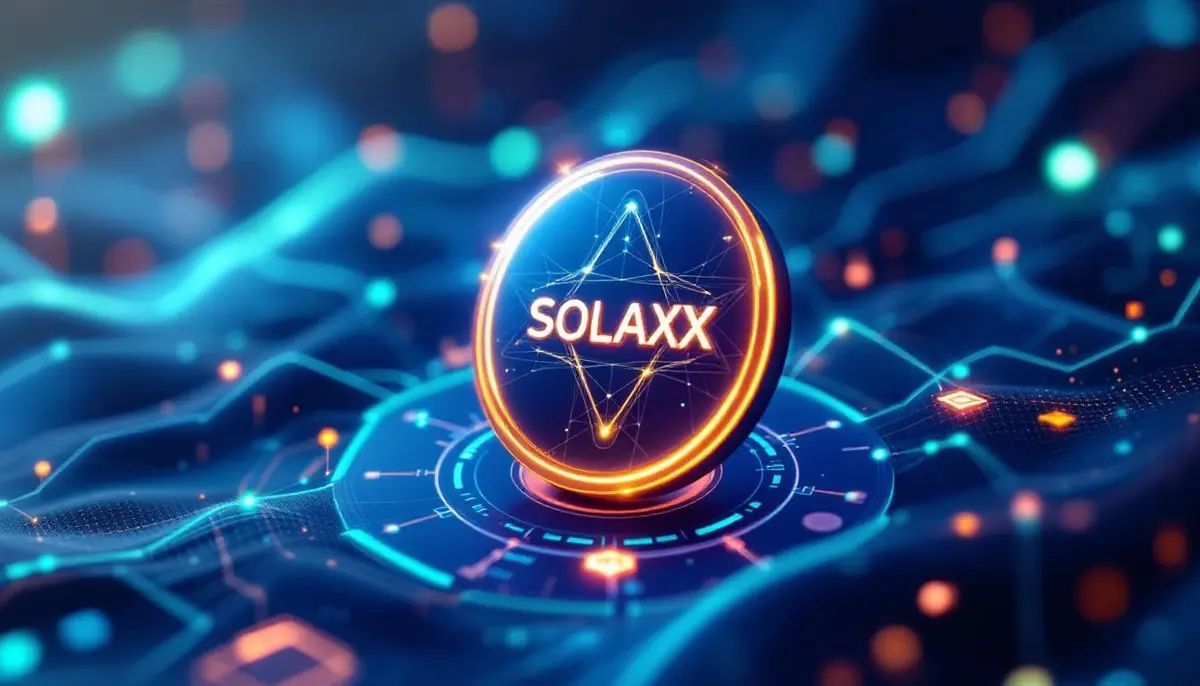 未来的なブロックチェーンネットワークの上に輝くSolaxy(SOLX)のシンボル