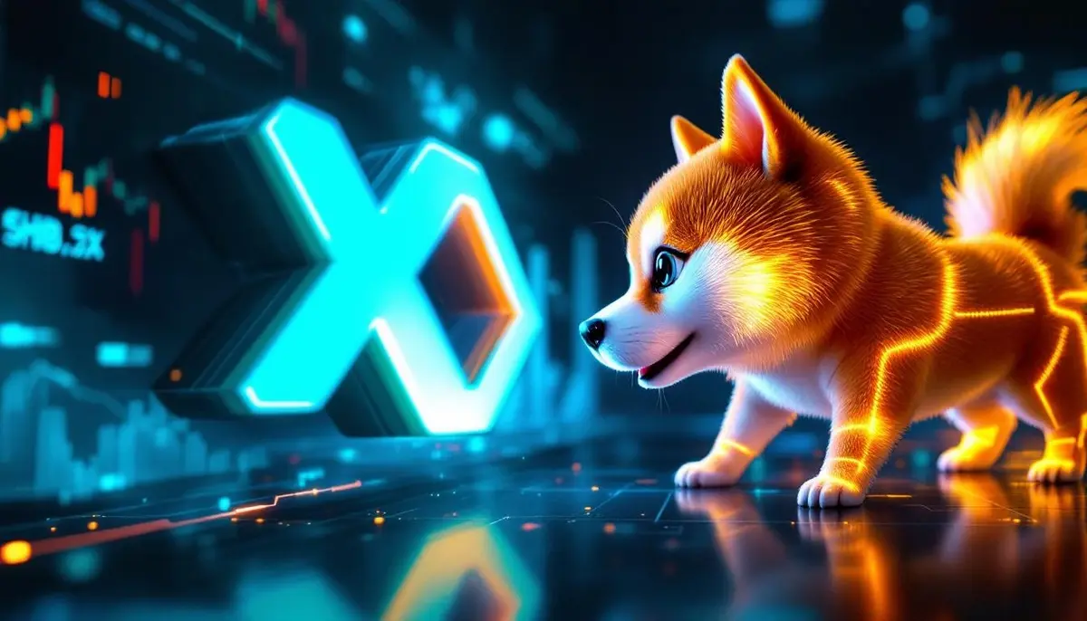 Solaxy（SOLX）と柴犬コイン（SHIB）のロゴが対峙する未来的なイメージ