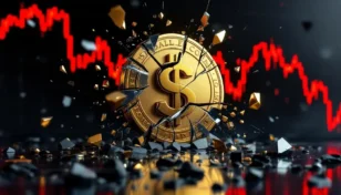 ステーブルコインのシンボルがひび割れ、崩壊していく様子を描いたCG。金融市場の暴落を暗示している。