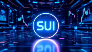 Suiのロゴと金融チャートが表示された未来的なデジタル画面