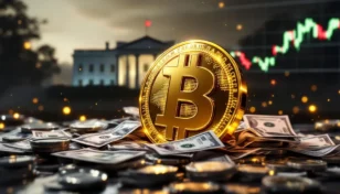 トランプ前大統領のミームコインとドル紙幣、背景に上昇するグラフが表示された画像