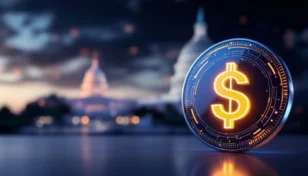 米国の規制と成長を背景に、輝く米ドル記号を持つステーブルコインを表現したデジタルアート