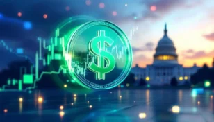 米ドルと米国債のシンボルが絡み合うデジタルアセットのイメージ