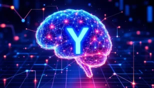 AIのニューラルネットワークとブロックチェーンが融合した未来的なイメージ