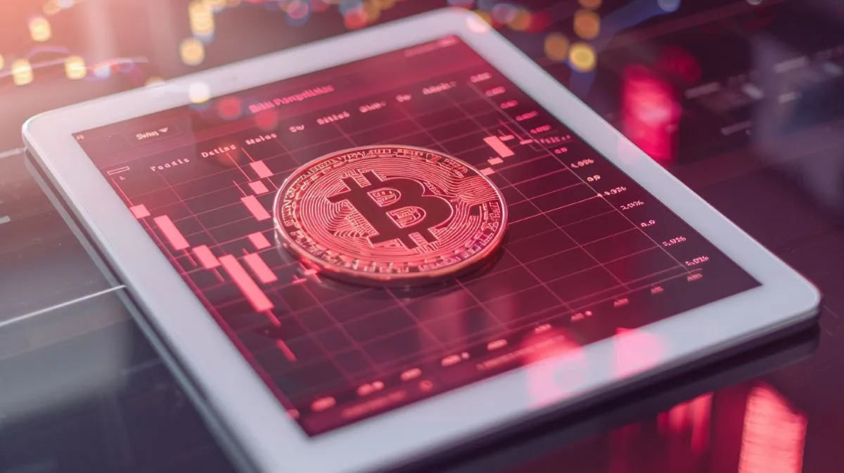 赤背景のタブレットにチャートとビットコイン