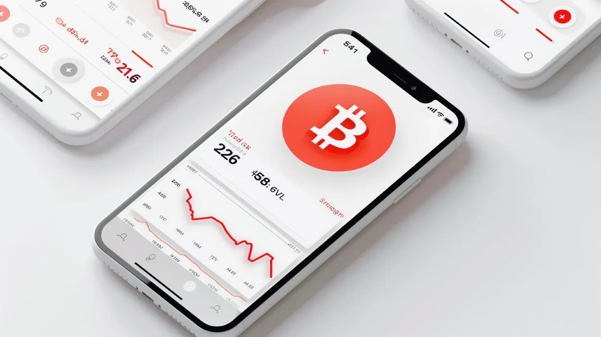 白背景にビットコインロゴとチャートが表示されたスマートフォン