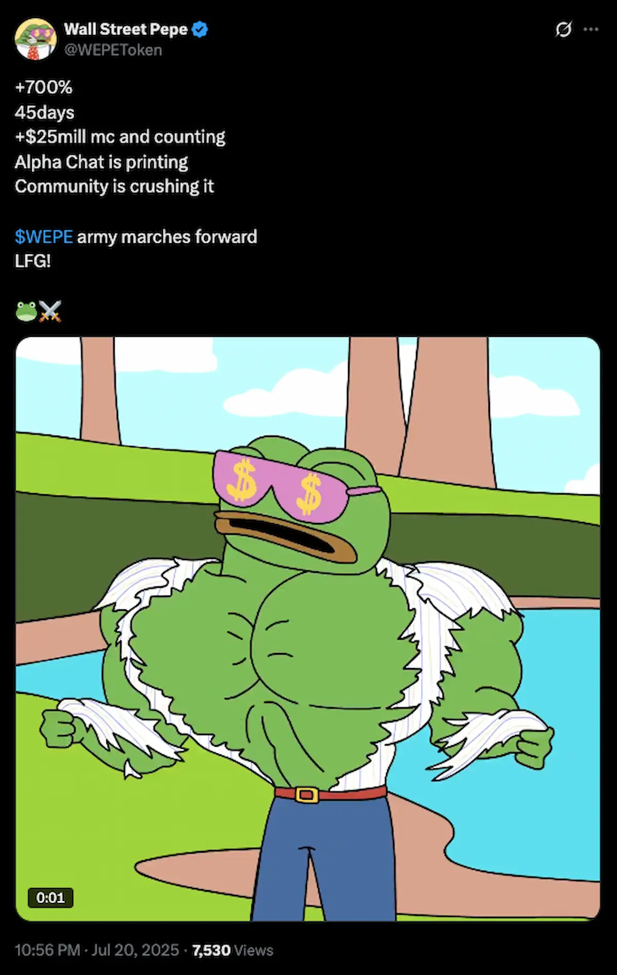 WEPEの公式Xのポスト、筋肉でシャツが破けるカエル