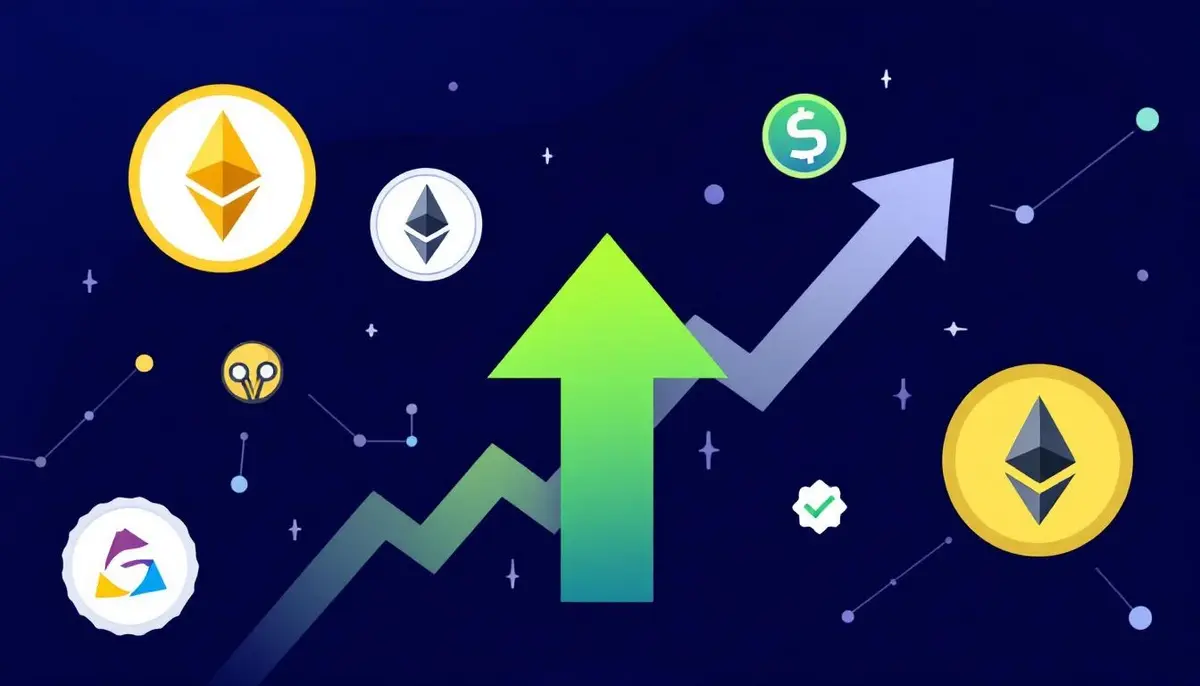 アルトコインシーズン到来を象徴する、上昇するチャートと仮想通貨のシンボル