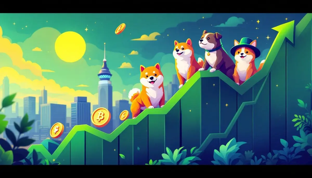 アルトコインシーズン指数の上昇を背景に、複数の仮想通貨銘柄のアイコンがグラフと共に上昇している様子を示すイラスト