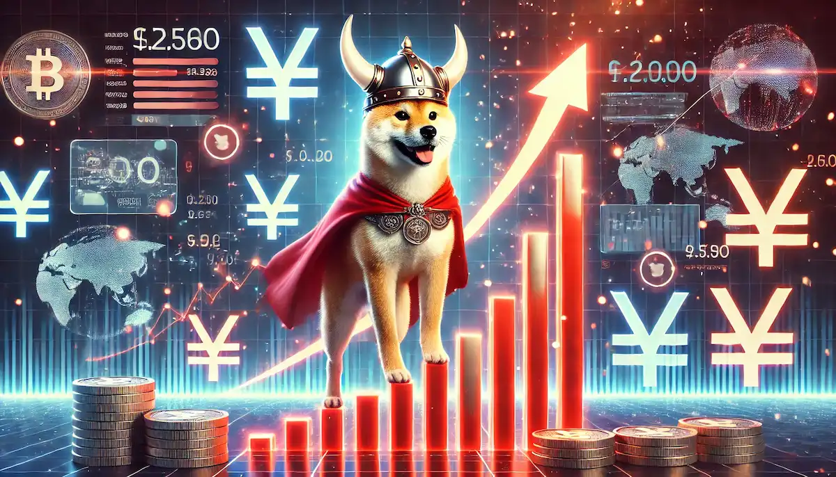 floki仮想通貨将来性-ヴァイキングヘルメットをかぶったシバイヌが、浮かぶ円マークと共に、FLOKI仮想通貨の上昇中のチャート上に立つ姿