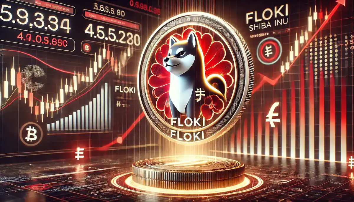 floki仮想通貨将来性-FLOKI仮想通貨のロゴがデジタル取引画面から浮かび上がる様子