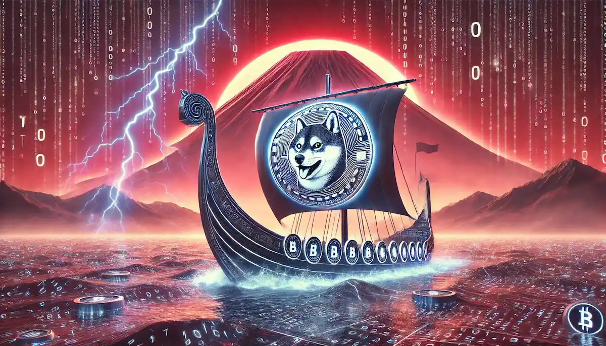 floki仮想通貨将来性-FLOKI仮想通貨を積んだヴァイキング船が、デジタル嵐を越えて富士山を目指す