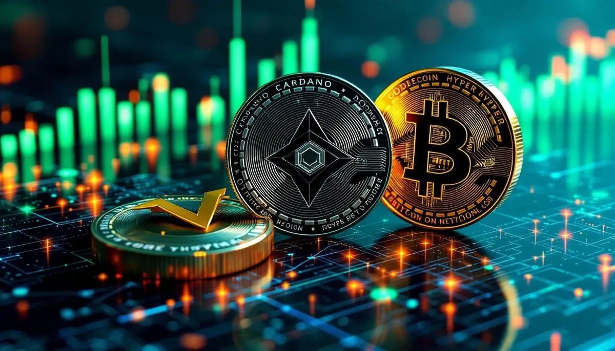 カルダノ、ドージコイン、ビットコインハイパーのロゴと上昇するグラフ
