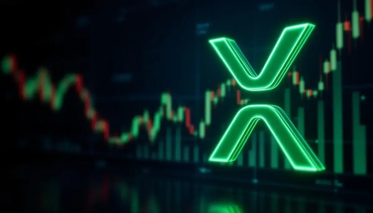 上向きの金融チャートを背景にしたXRPのロゴ