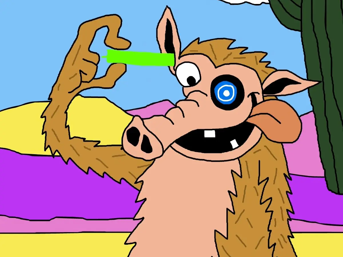 豚の様な見た目のキャラクターが緑の棒を持っている