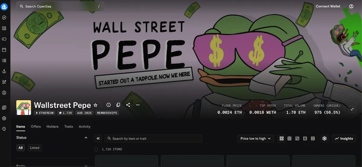 OpenSeaに掲載されたWall Street Pepe NFTコレクションのページ