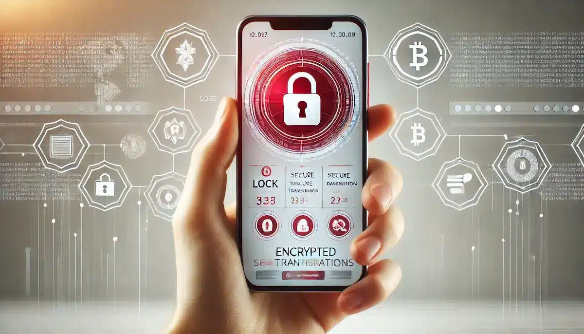暗号化された金融インターフェースを表示するスマートフォン