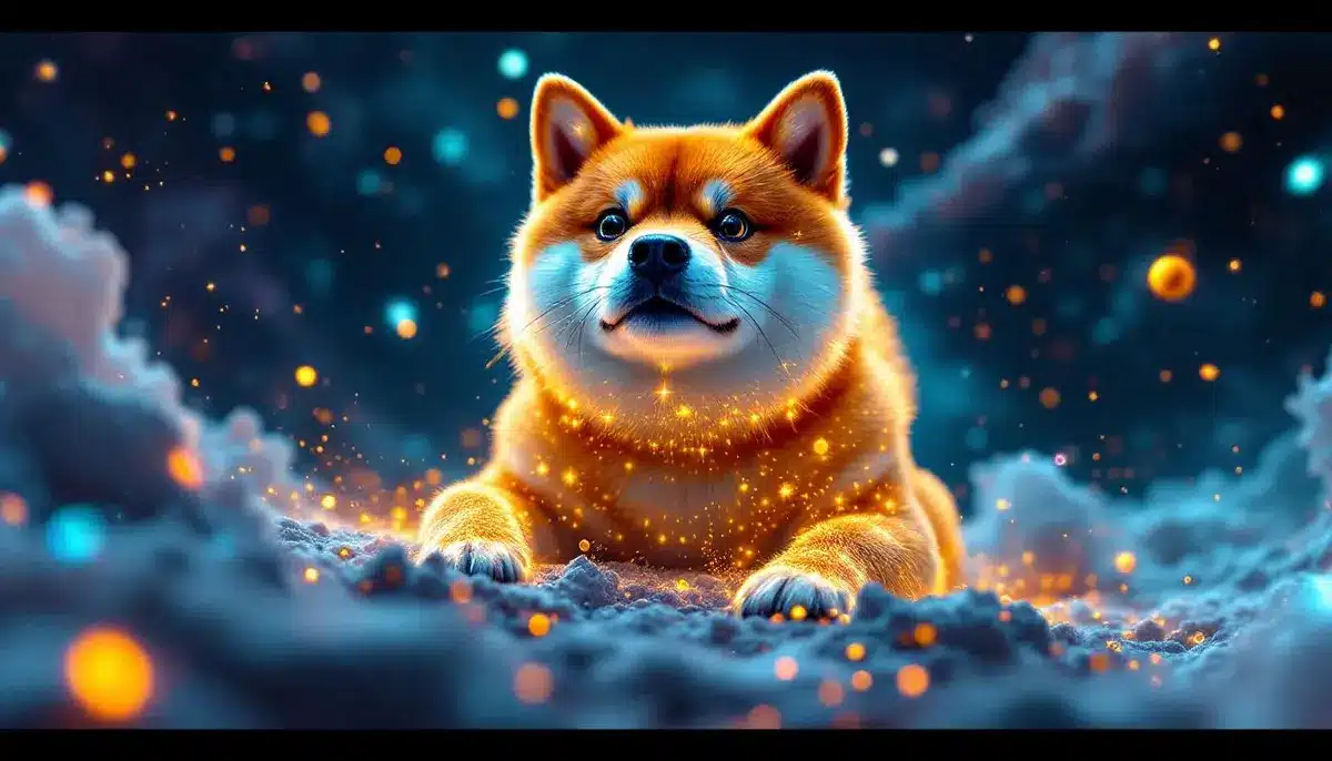 ボディビルダーの柴犬をモチーフにした仮想通貨Maxi Dogeが宇宙空間で輝くイメージ画像。