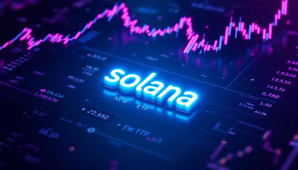ソラナ（SOL）のロゴと上昇する株価チャートが描かれた、新しいETFのローンチを象徴する画像