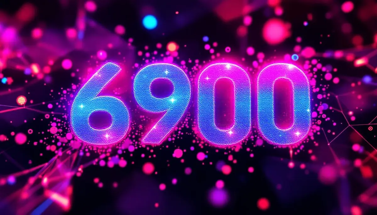 数字の6900がネオンとグリッチアートスタイルで描かれた仮想通貨のイメージ画像