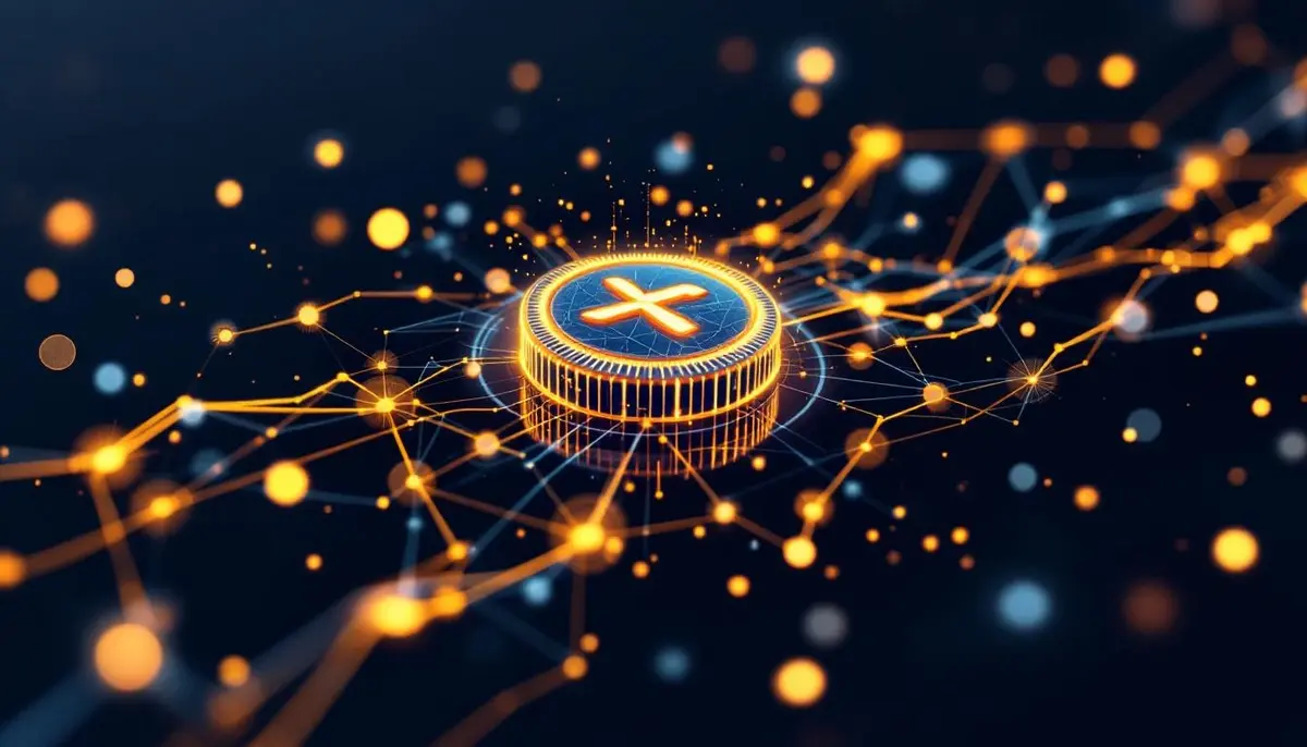 XRPのロゴと金融機関を象徴する建物が描かれた未来的な画像