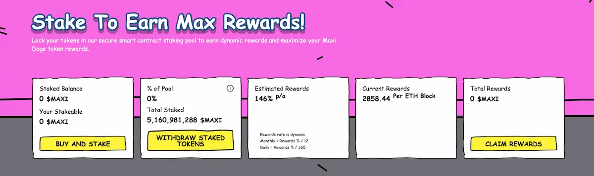 Maxi Dogeのステーキング画面、146%の動的APYが表示されている