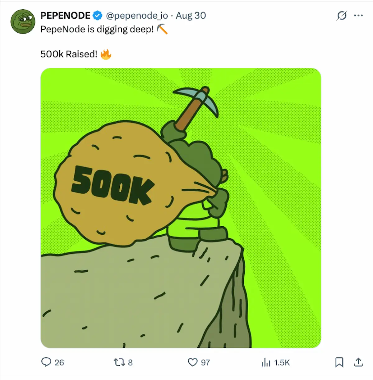 PepeNode公式が資金調達50万ドル達成を発表した投稿イラスト