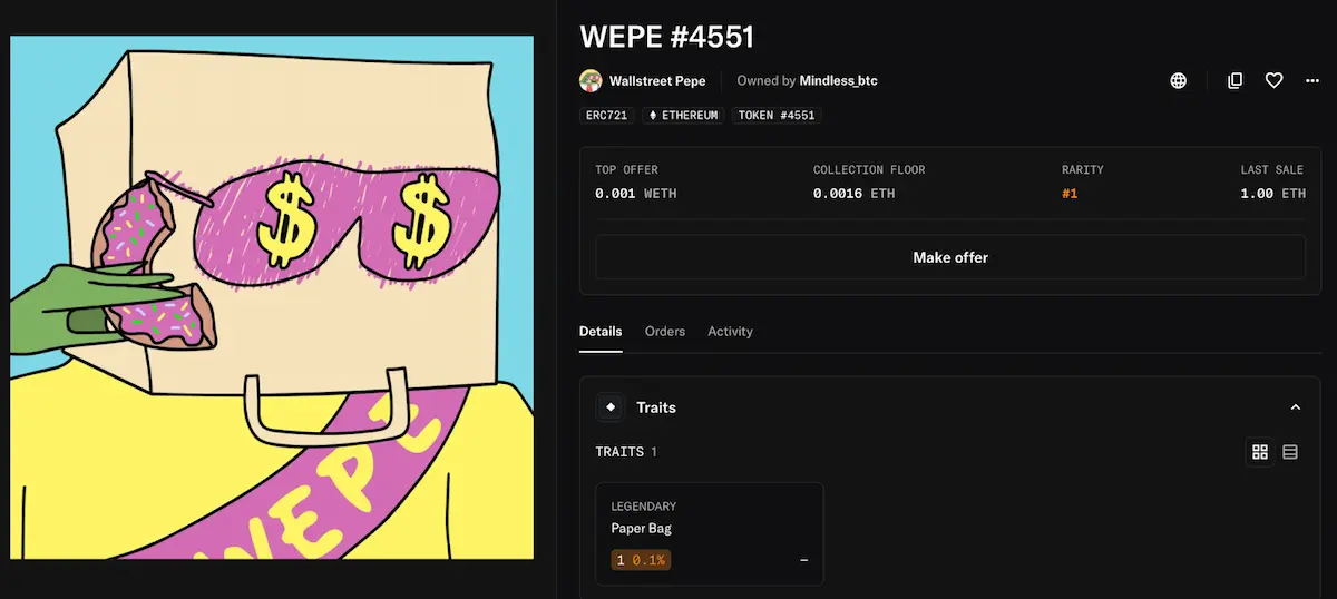 Wall Street PepeのNFT「WEPE #4551」、1ETHで取引された実績を表示