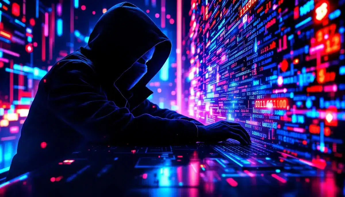 仮想通貨のシンボルでできたデジタル要塞に忍び寄るフードをかぶったハッカーの影