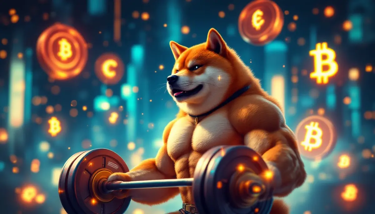 ボディビル風のシバ犬キャラクターを中心にした仮想通貨の象徴的イメージ