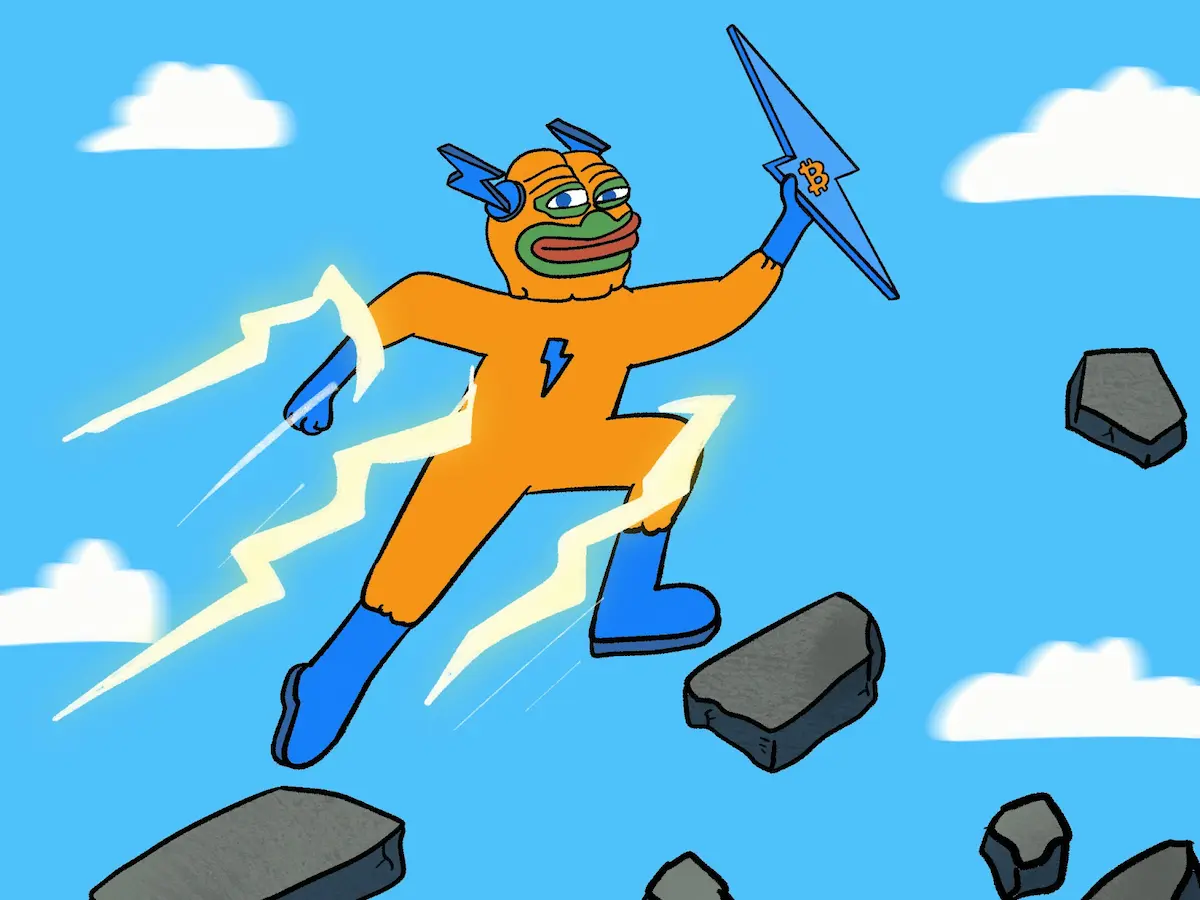 Bitcoin Hyperのキャラクターが稲妻をまとい空を駆けるイラスト