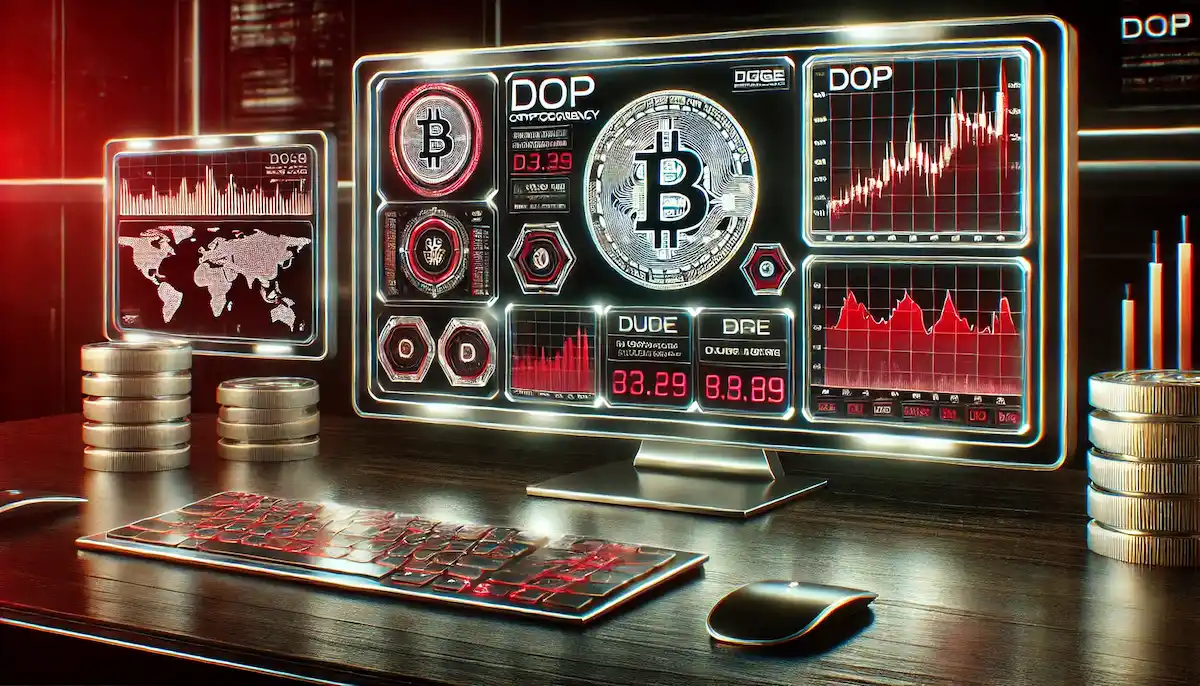 DOP仮想通貨の価格分析やチャートを表示する未来的なトレーディングデスクのイメージ